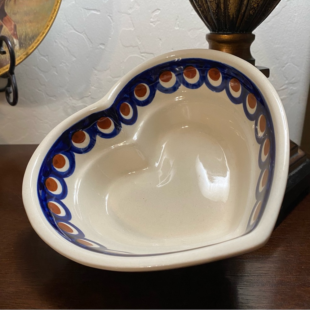 Vintage Boleslawiec Polish Pottery Heart Shaped Bowl True Blue Peacock 6x2.25-in